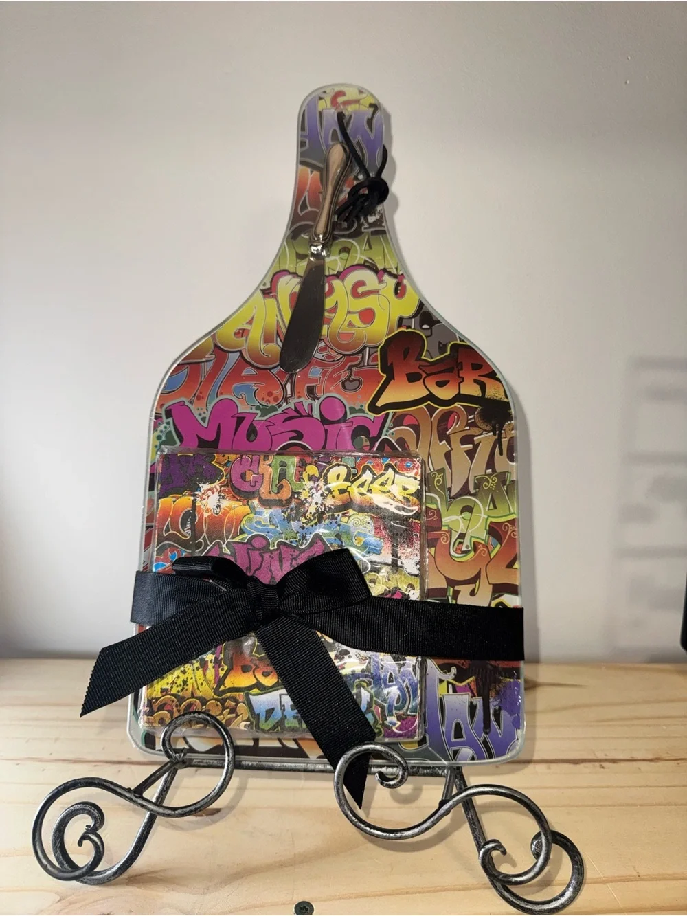 Graffiti-Print Cheese Serving Board Set with Knife and Napkins